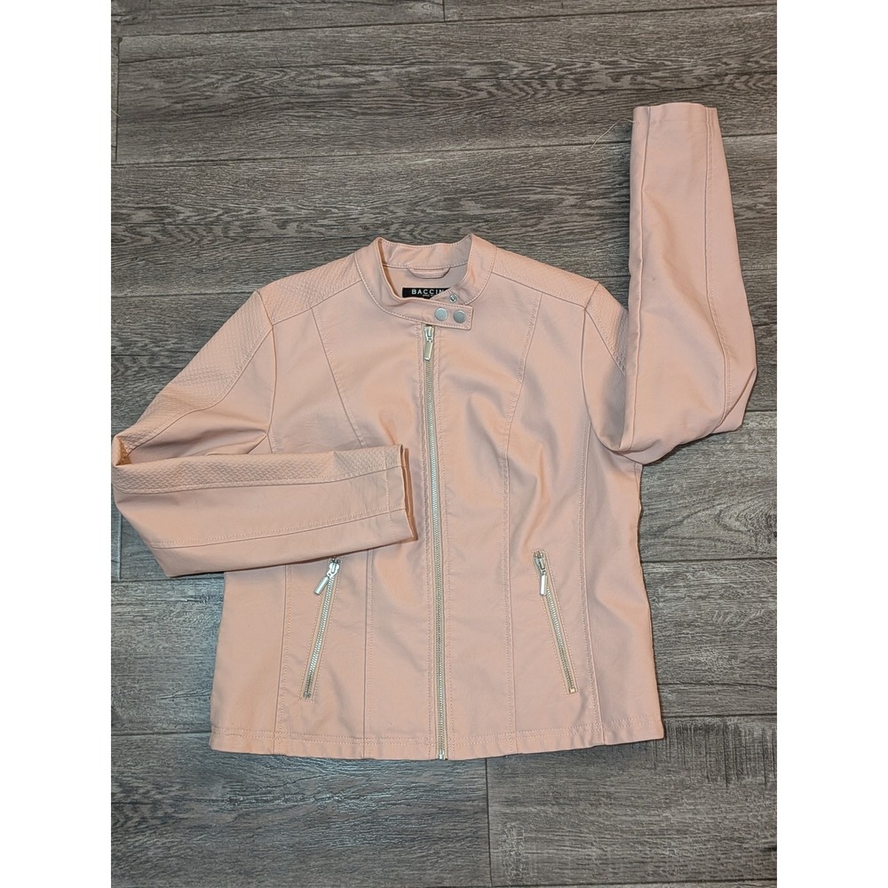 Baccini Womens Blush Pink Faux Leather Moto Jacket Size M Quilted Detail Zip Up